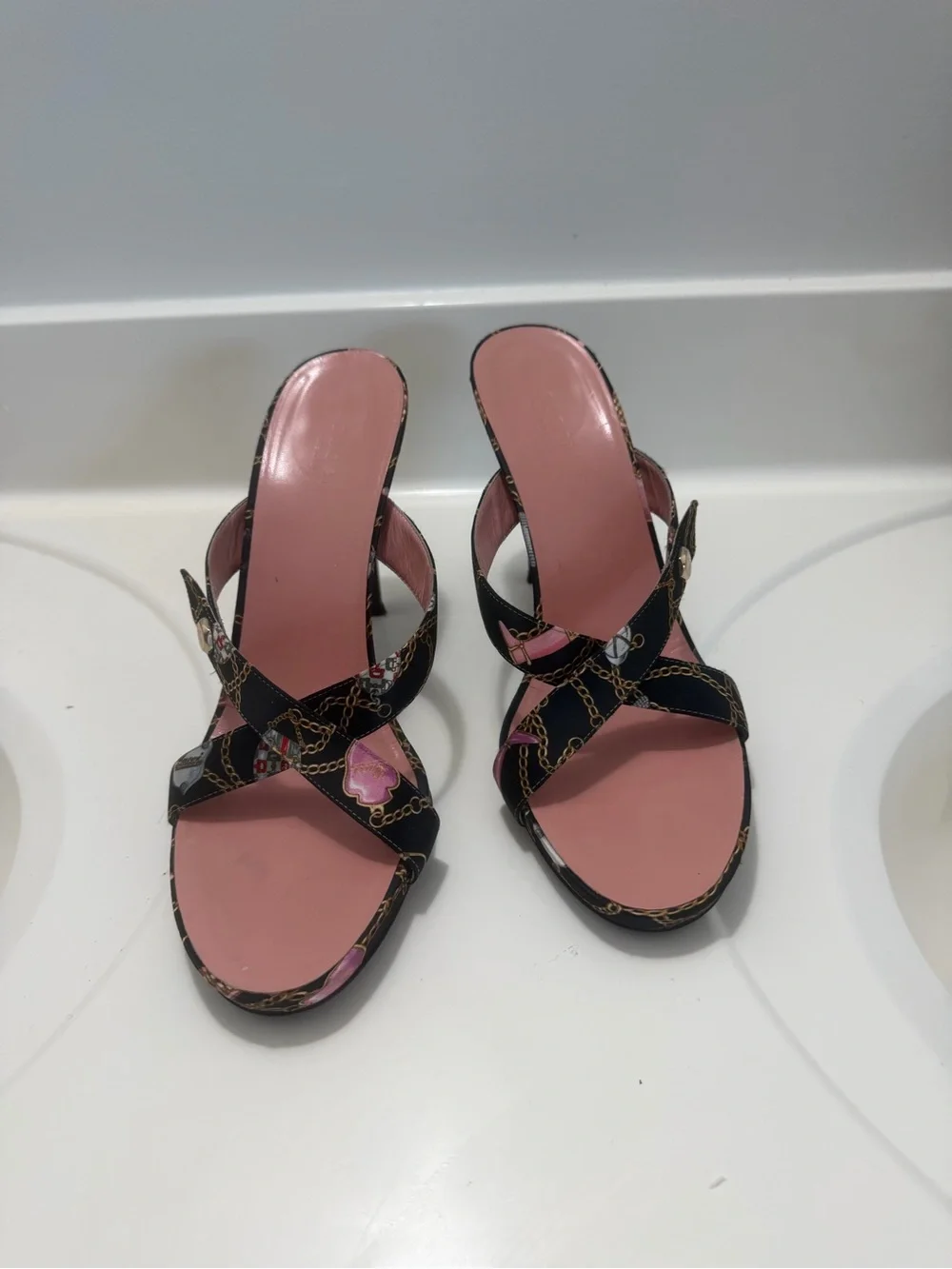 Gucci Pink and Black Chain-Print Heeled Slide Sandals